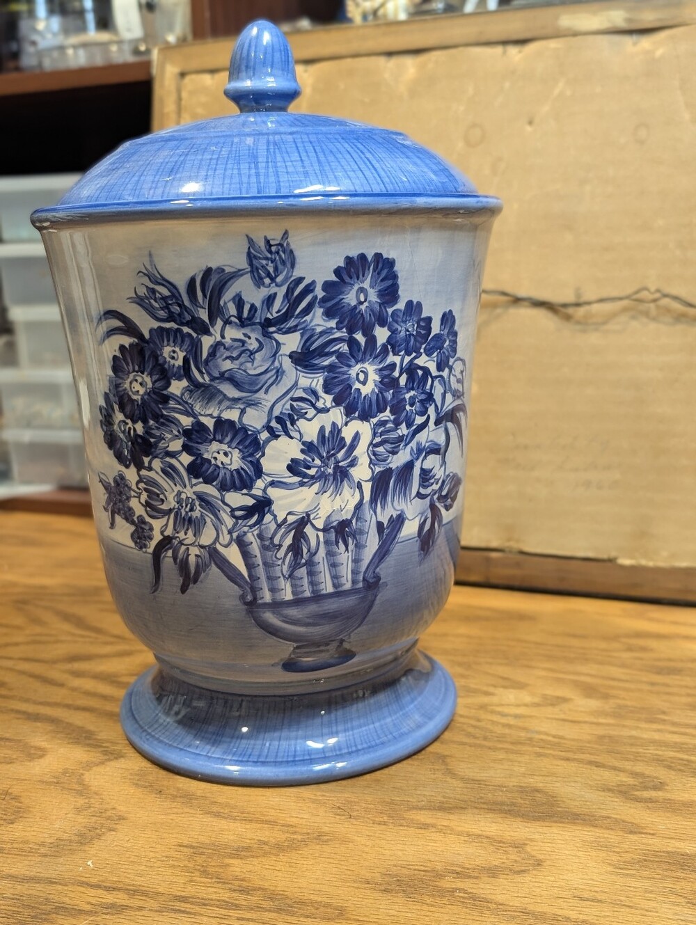 Artimino Tuscany Dawn Blue & White Lidded Ceramic Canister Jar Handpainted